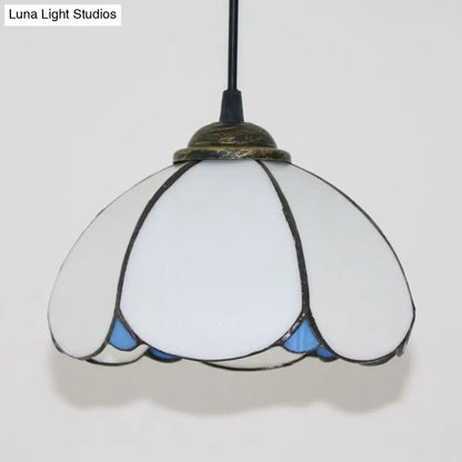 Handcrafted Tiffany-Style Art Glass Ceiling Light with White/Blue Textured Flare Design - 1 Head Suspended Fixture