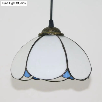 Handcrafted Tiffany-Style Art Glass Ceiling Light with White/Blue Textured Flare Design - 1 Head Suspended Fixture