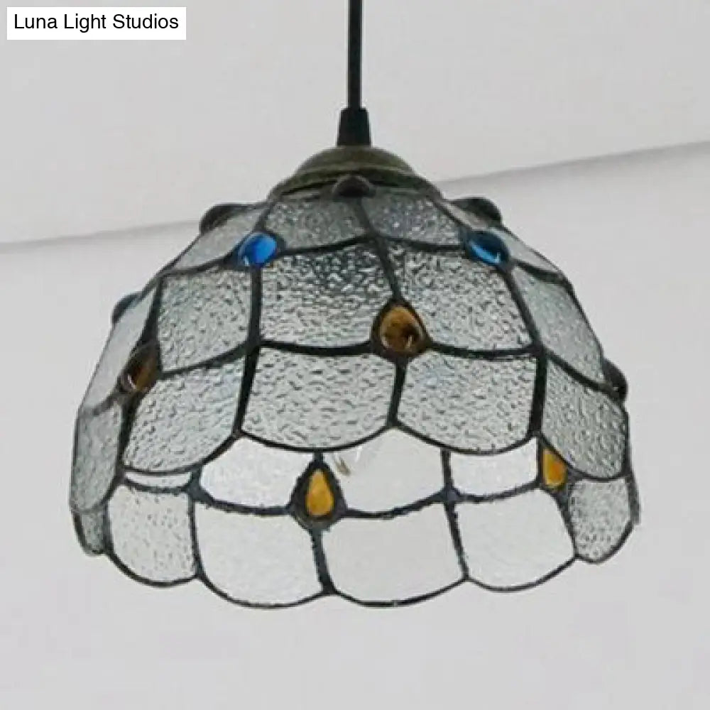 Handcrafted Tiffany-Style Art Glass Ceiling Light with White/Blue Textured Flare Design - 1 Head Suspended Fixture