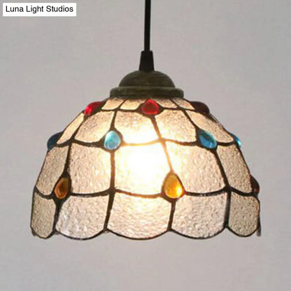 Handcrafted Tiffany-Style Art Glass Ceiling Light with White/Blue Textured Flare Design - 1 Head Suspended Fixture