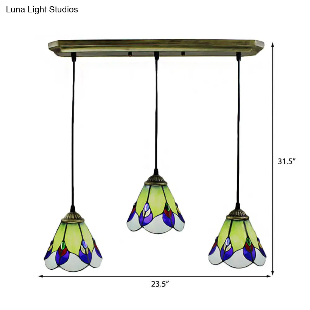 Handcrafted Tiffany-Style Green Glass Pendant Lamp for Bedroom - 3 Head Cone Cluster Suspension