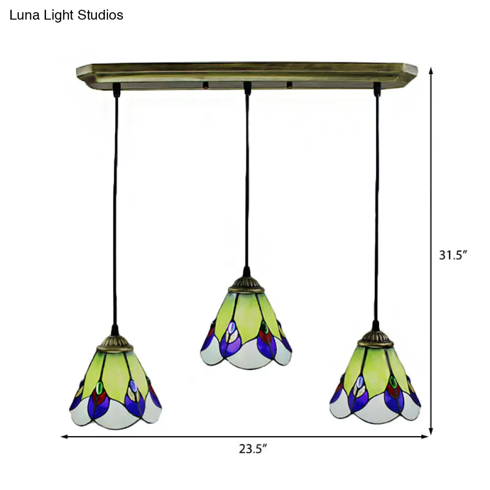 Handcrafted Tiffany-Style Green Glass Pendant Lamp for Bedroom - 3 Head Cone Cluster Suspension