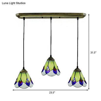 Handcrafted Tiffany-Style Green Glass Pendant Lamp for Bedroom - 3 Head Cone Cluster Suspension