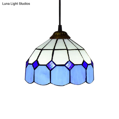 Handcrafted Tiffany-Style Suspension Lamp - Green/Light Blue/Dark Blue