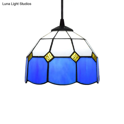 Handcrafted Tiffany-Style Suspension Lamp - Green/Light Blue/Dark Blue