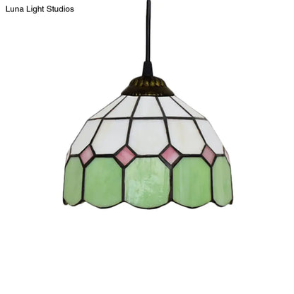 Handcrafted Tiffany-Style Suspension Lamp - Green/Light Blue/Dark Blue