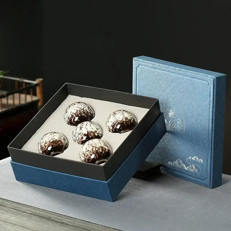 Handcrafted decorbites ceramic cups set of five dark brown glossy spheres with speckled white glaze in blue gift box