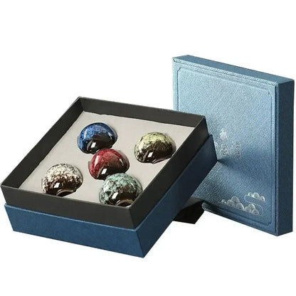 Set of five glossy handcrafted ceramic beads in vibrant blue red green and gold for decorbites ceramic cups set gift box