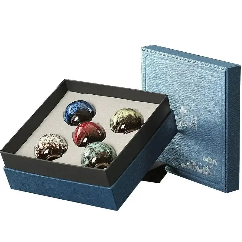 Set of five glossy handcrafted ceramic beads in vibrant blue red green and gold for decorbites ceramic cups set gift box