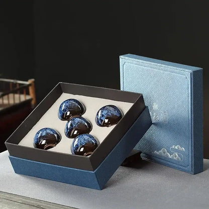 Handcrafted vibrant decorbites ceramic cups set of five glossy dark blue ceramic cups in a navy dining room gift box