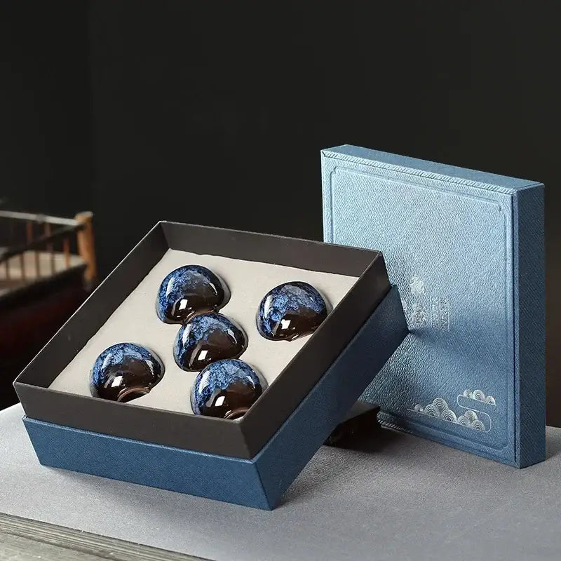 Handcrafted vibrant decorbites ceramic cups set of five glossy dark blue ceramic cups in a navy dining room gift box