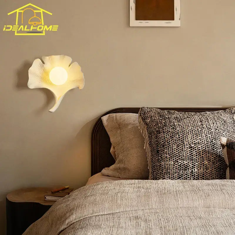 White handcrafted wooden decorbites ginkgo biloba resin wall lamp with warm glow for bedroom decor