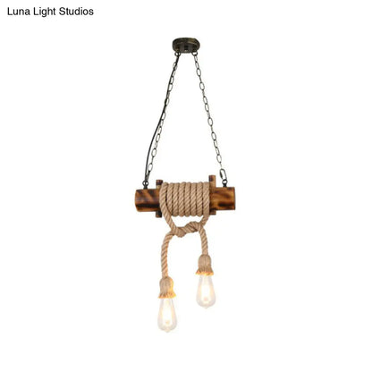 Handmade 2-Head Hemp Rope Pendant Chandelier with Lodge Brown Exposed Bulbs