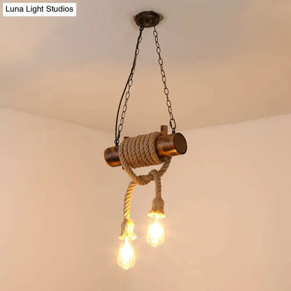 Handmade 2-Head Hemp Rope Pendant Chandelier with Lodge Brown Exposed Bulbs