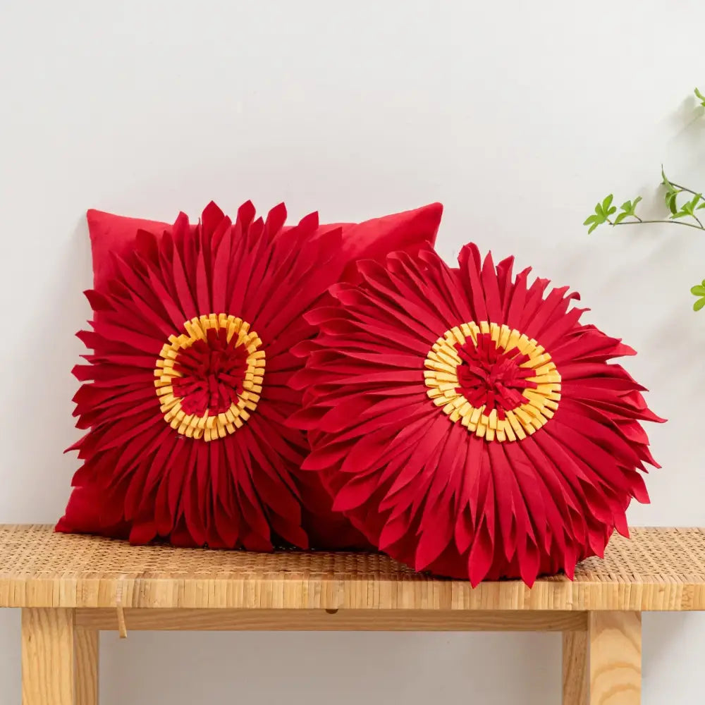 Handmade red floral cushion cover with layered petals and golden center decorbites 3d chrysanthemum flower cushion for living room