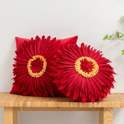 Handmade red floral cushion cover with layered petals and golden center decorbites 3d chrysanthemum flower cushion for living room