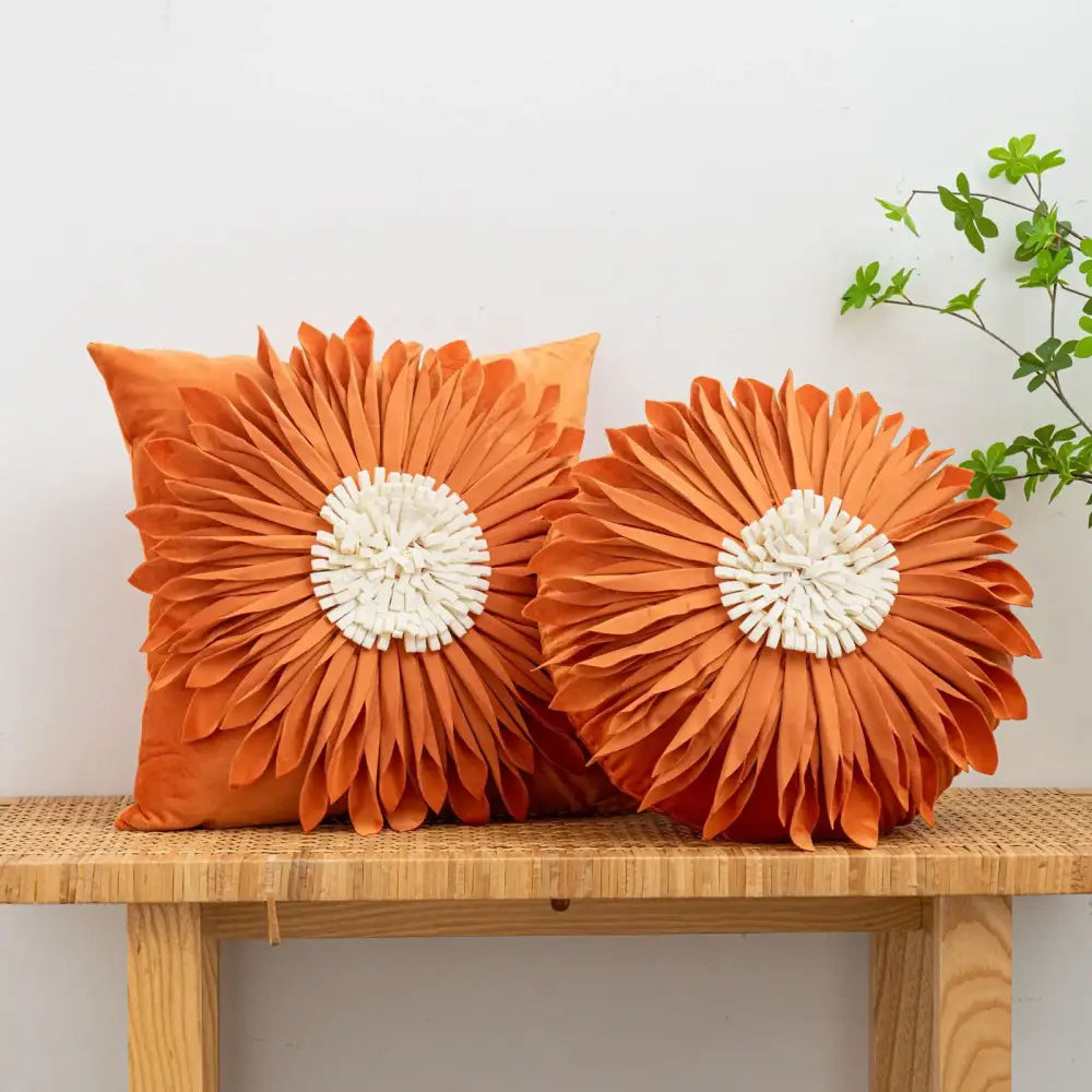 Handmade orange floral chrysanthemum flower cushion cover with white embroidered center for living room decorbites 3d chrysanthemum