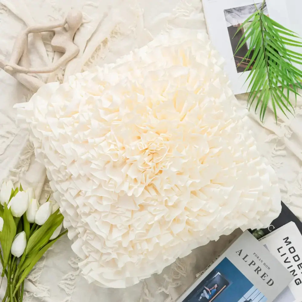 Cream-colored satin cushion cover with layered ruffled petals handmade decorbites 3d chrysanthemum flower cushion