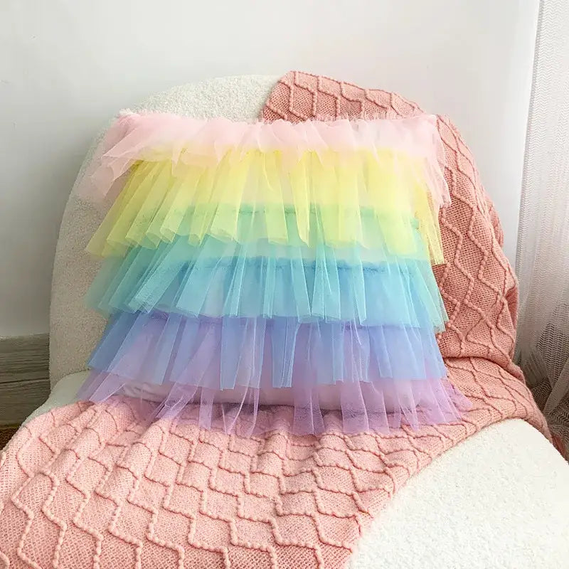 Handmade decorbites 3d chrysanthemum flower cushion cover with rainbow pastel tiered tulle layers for living room decor