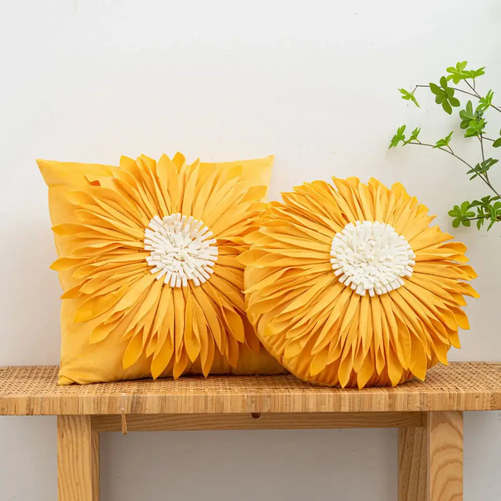 Handmade 3d chrysanthemum flower cushion cover with vibrant yellow sunflower design and soft textured white center decorbites 3d chrysanthemum