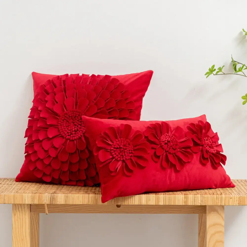 Vibrant red velvet handmade cushion cover with decorbites 3d chrysanthemum flower for living room decor