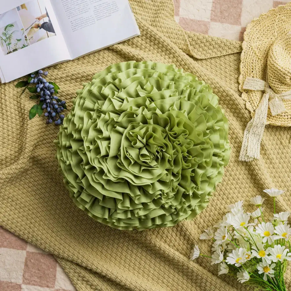 Handmade soft sage green cushion cover with ruffled layered decorbites 3d chrysanthemum flower design for living room decor