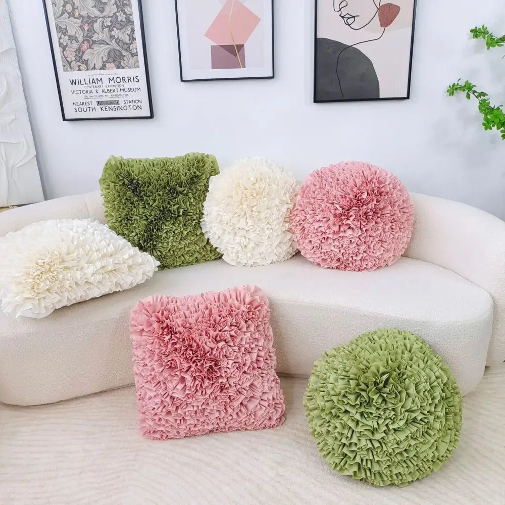Handmade decorbites 3d chrysanthemum flower cushion cover with pastel ruffled fabric in soft pink and green hues