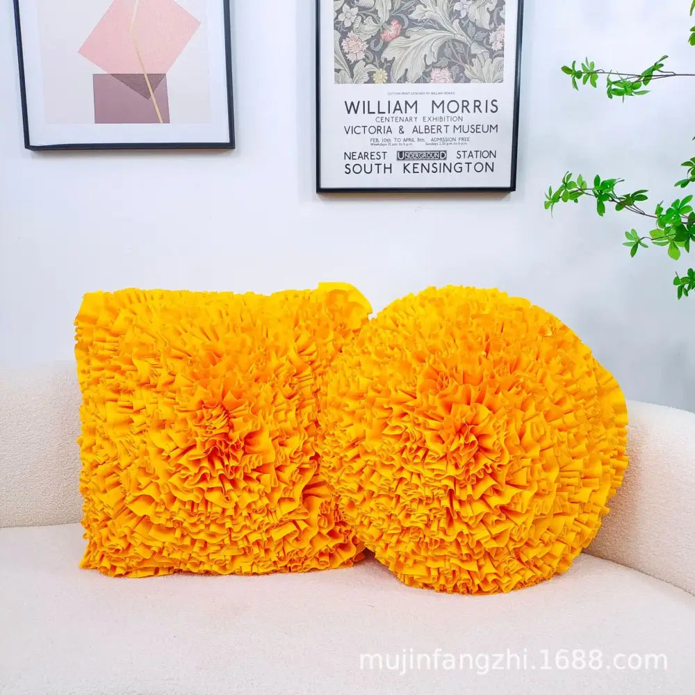 Handmade vibrant yellow ruffled fabric cushion cover with decorbites 3d chrysanthemum flower design for living room decor