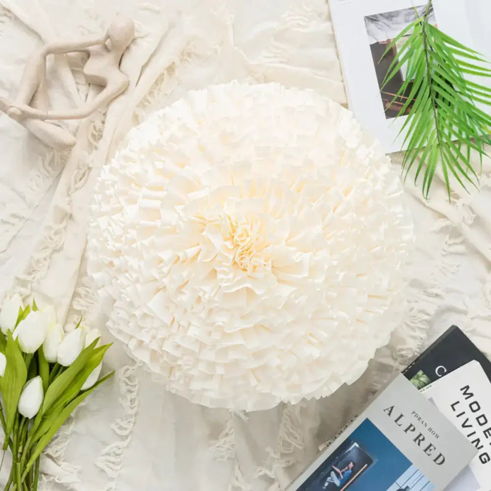 Handmade decorbites 3d chrysanthemum flower cushion cover with plush off-white layered ruffles for living room decor