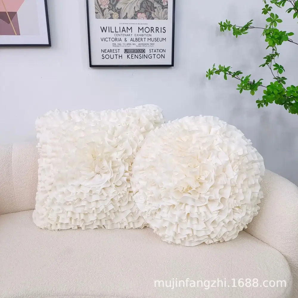 Cream-colored handmade 3d chrysanthemum flower cushion cover with ruffled fabric for living room decorbites cushion cover
