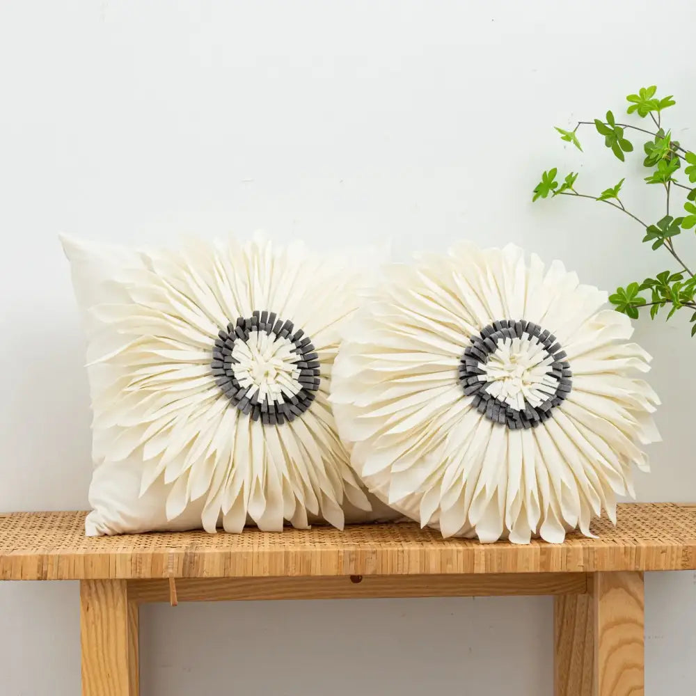 Cream-colored handmade decorbites 3d chrysanthemum flower cushion cover with layered petals and dark gray center for living room decor