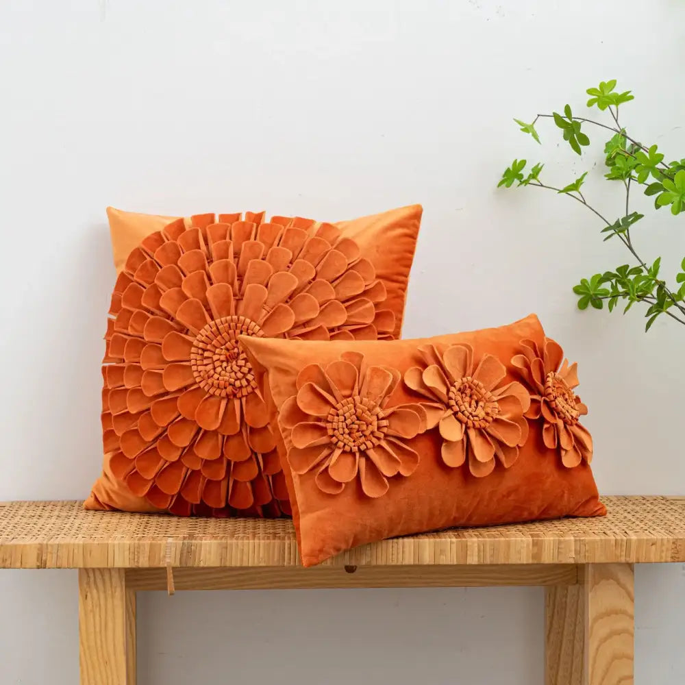 Handmade orange velvet cushion cover with decorbites 3d chrysanthemum flower appliqués for living room decor