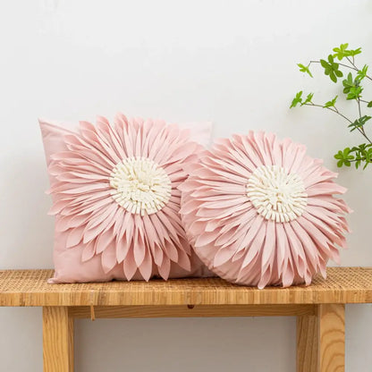 Handmade pink floral cushion cover with textured layered petals and cream center decorbites 3d chrysanthemum flower cushion