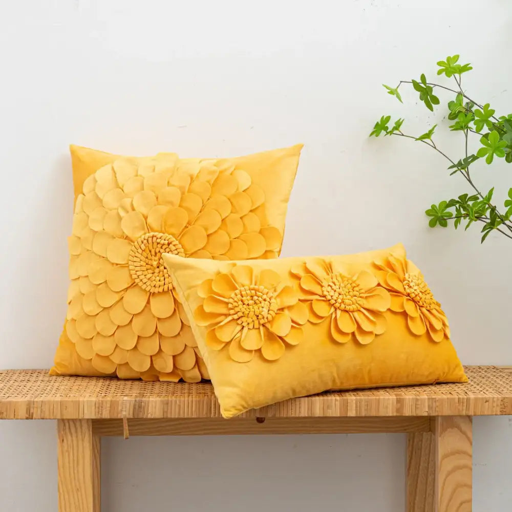 Yellow velvet cushion cover with handmade 3d chrysanthemum flower decorbites chrysanthemum flower cushion