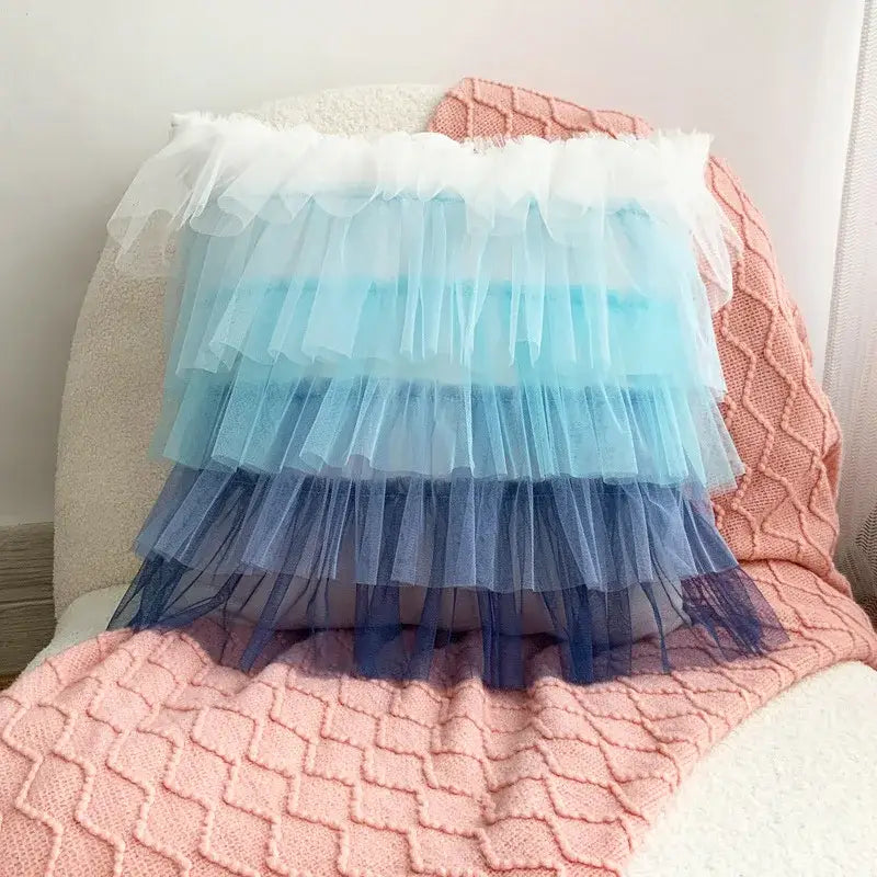 Handmade 3d chrysanthemum flower cushion cover with layered sheer tulle in white to dark blue for living room decorbites cushion cover