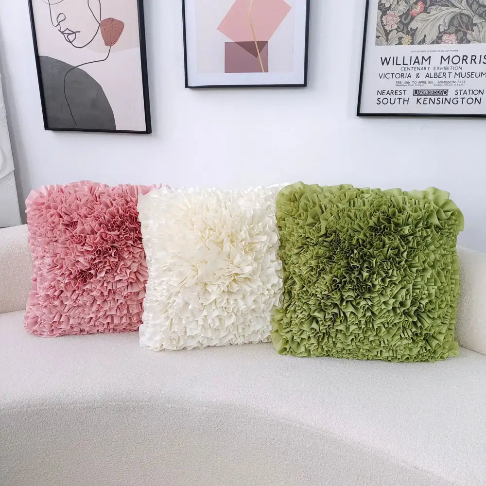 Handmade decorbites 3d chrysanthemum flower cushion cover set in pink white and sage green on light sofa decor