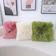 Handmade decorbites 3d chrysanthemum flower cushion cover set in pink white and sage green on light sofa decor
