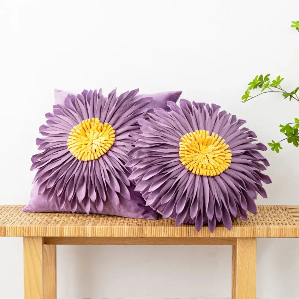 Two plush purple daisy-shaped decorbites 3d chrysanthemum flower cushion covers made from soft fabric for living room decor