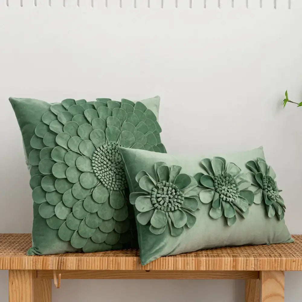 Two sage green velvet throw pillows with handmade 3d chrysanthemum flower cushion cover decorbites design
