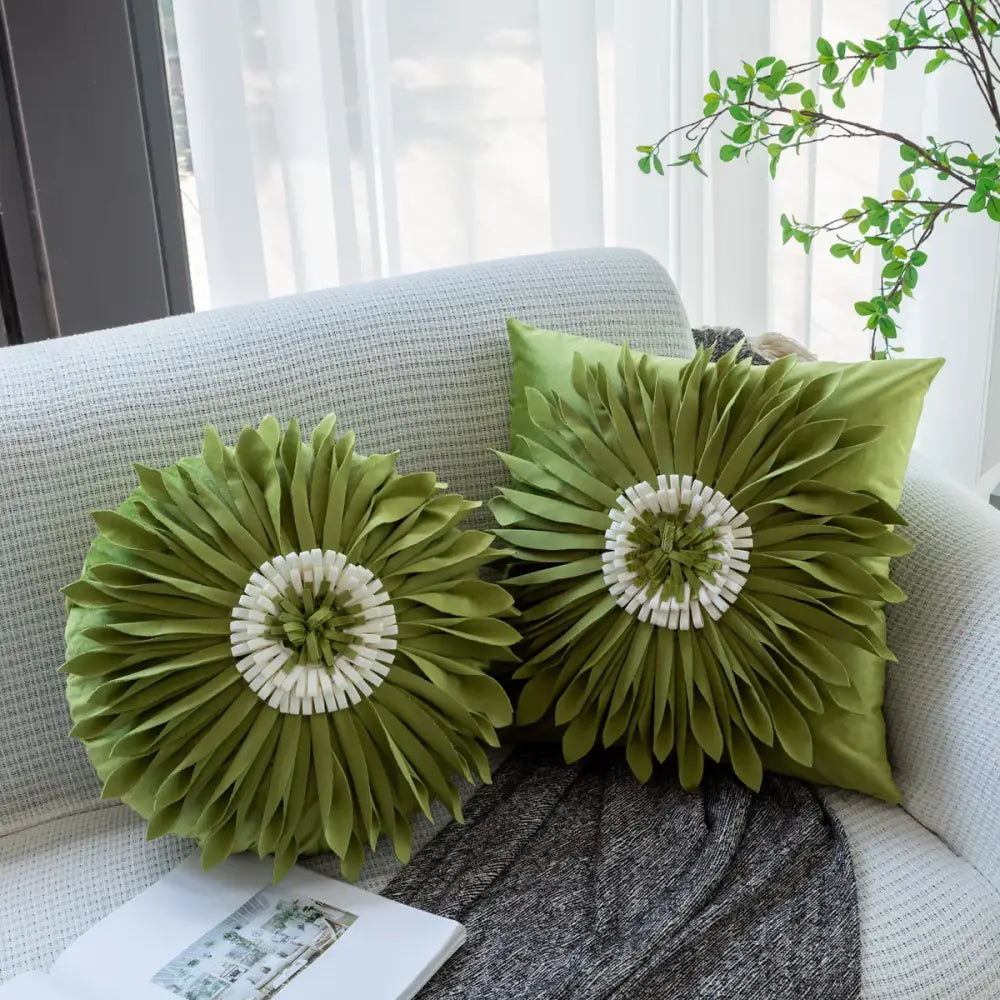 Two olive green handmade decorbites 3d chrysanthemum flower cushion covers with layered petals and white center detail