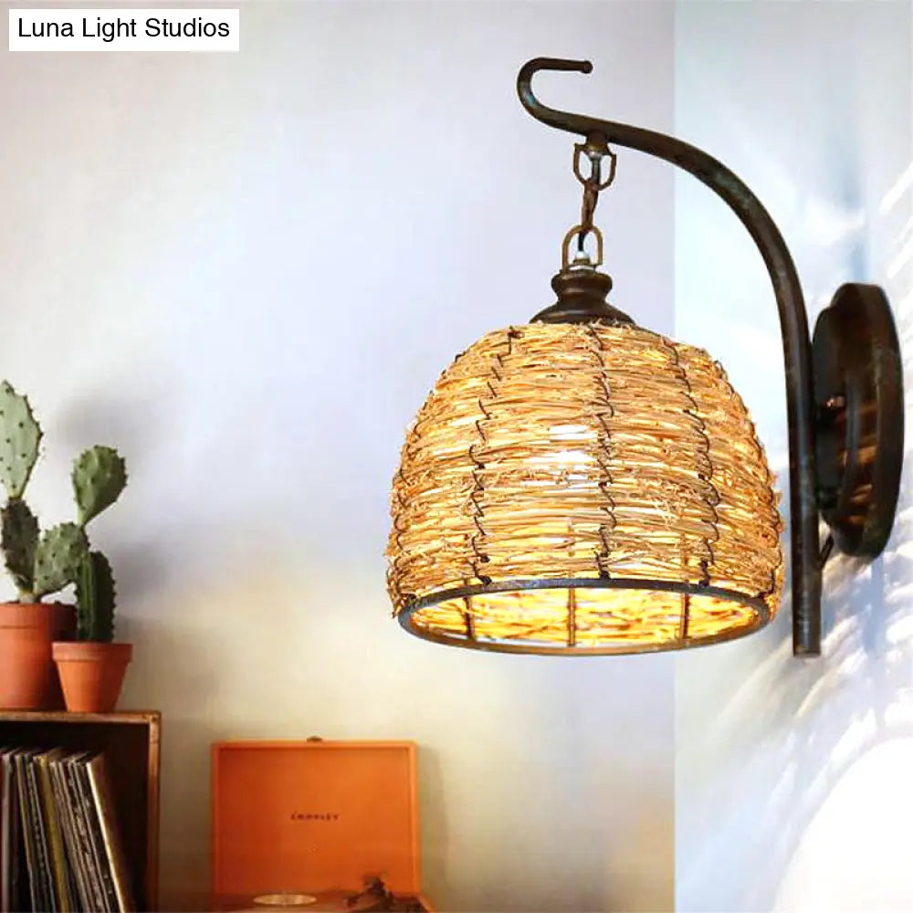 DecorBites™ Handmade Asian Style Rattan Sconce with Dome Shade - 1 Light Bedroom Wall Lamp in Brown