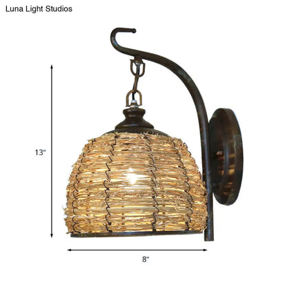 DecorBites™ Handmade Asian Style Rattan Sconce with Dome Shade - 1 Light Bedroom Wall Lamp in Brown