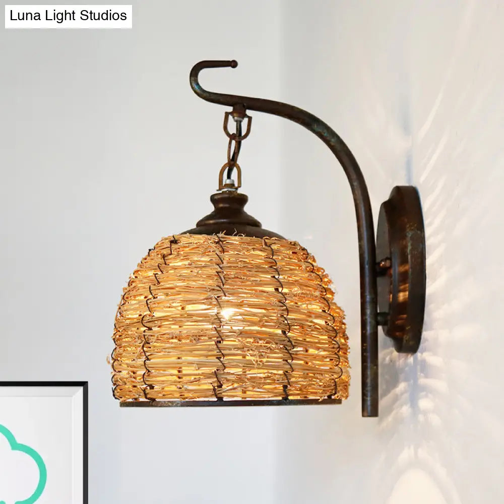 DecorBites™ Handmade Asian Style Rattan Sconce with Dome Shade - 1 Light Bedroom Wall Lamp in Brown