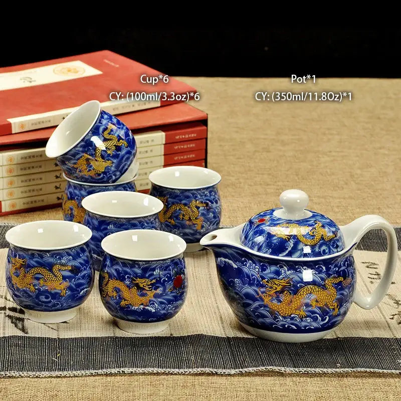 Handmade decorbites ceramic kung fu teapot in blue porcelain with golden dragon motifs and white handles for dining room decor