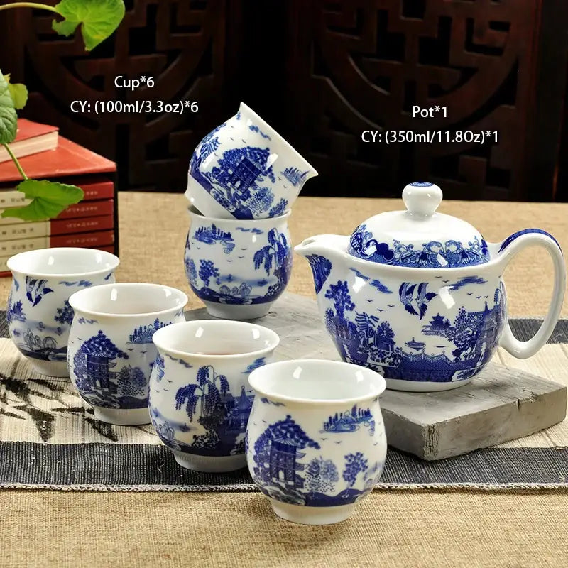 Handmade decorbites ceramic kung blue and white porcelain kung fu teapot with traditional landscape design for tea use