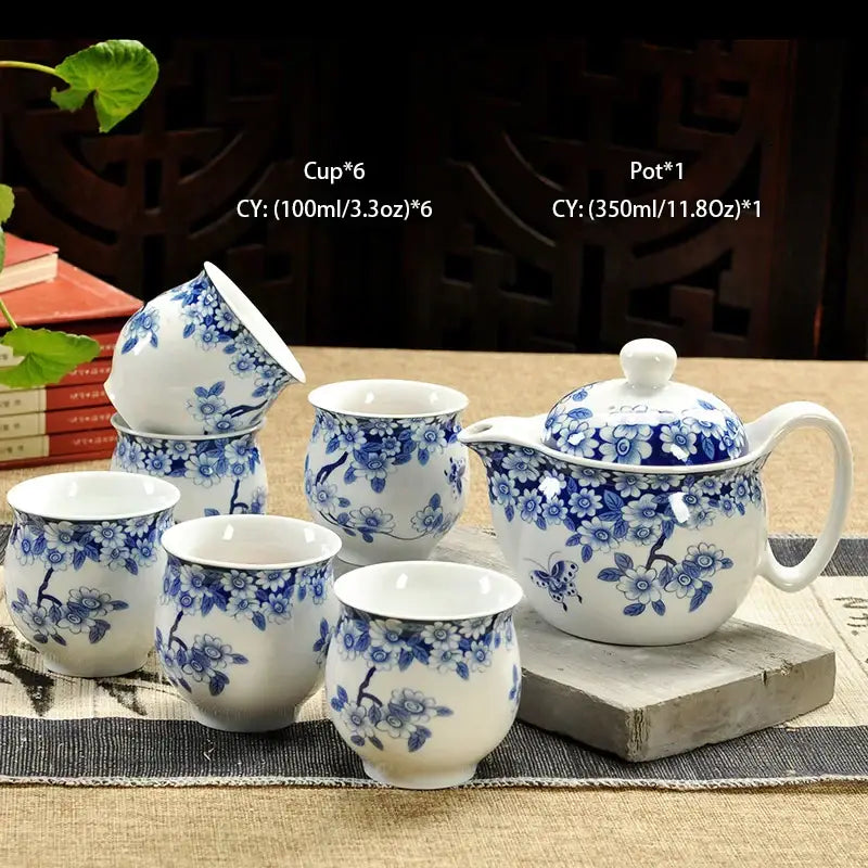 Handmade blue and white floral ceramic kung fu teapot with six cups by decorbites ceramic for dragon tea decor