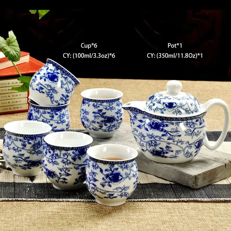 Handmade blue and white porcelain ceramic kung fu teapot with intricate floral patterns for dining room decorbites ceramic kung