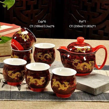 Red ceramic kung fu teapot with gold dragon motifs and white interiors from decorbites ceramic kung collection