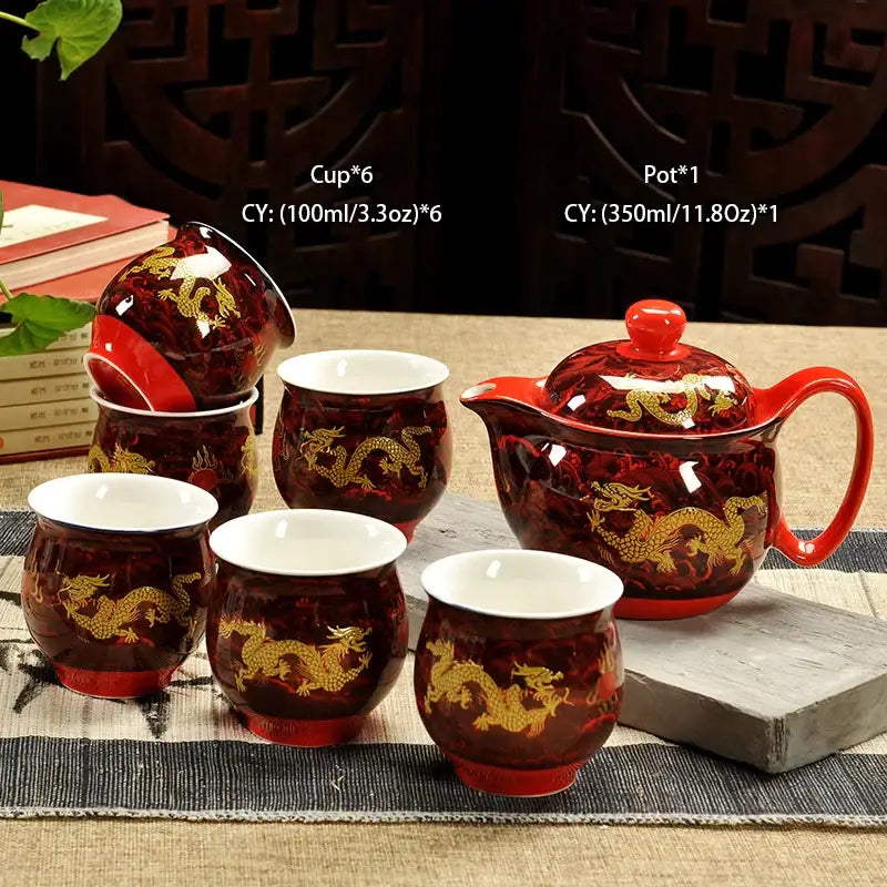 Red ceramic kung fu teapot with gold dragon motifs and white interiors from decorbites ceramic kung collection
