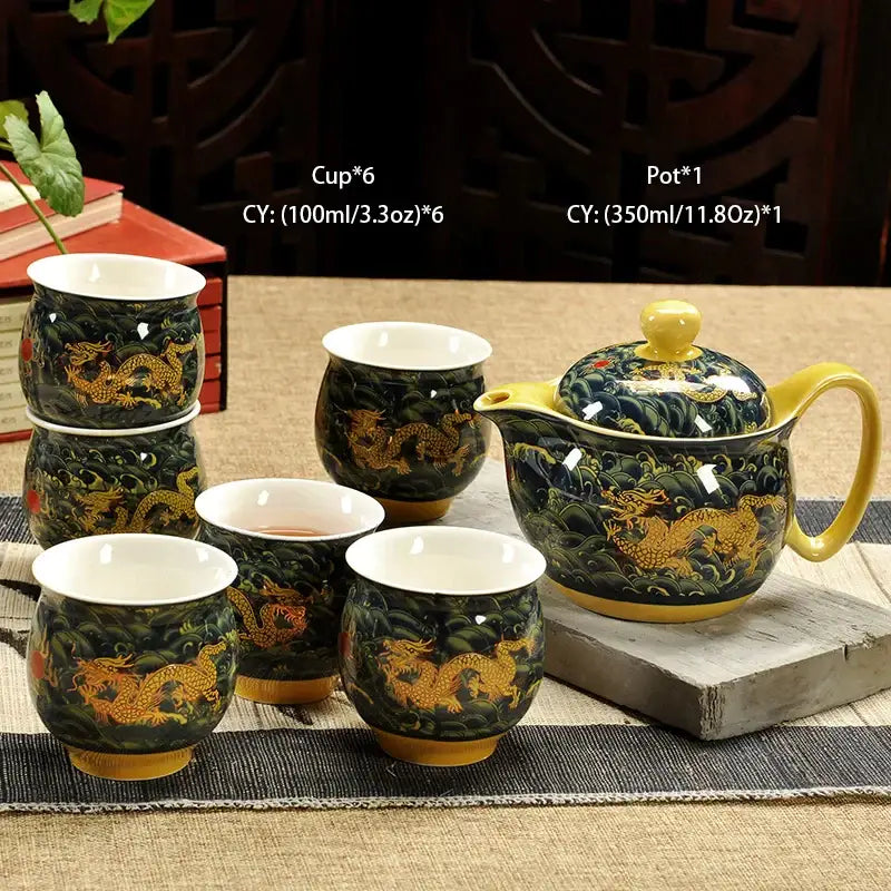Set of six dark green ceramic kung fu teacups with golden dragon motifs and a matching decorbites ceramic kung teapot